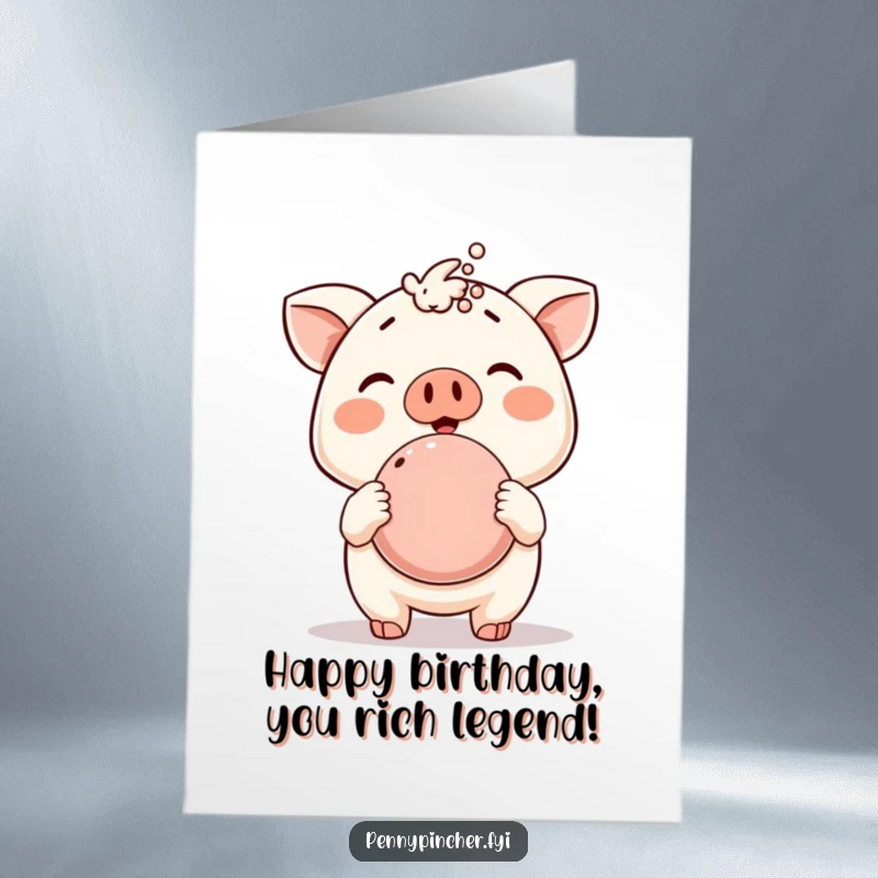 Funny Free Printable Birthday Card: Happy animal character proudly showing off an overflowing piggy bank, celebrating your special day with riches.