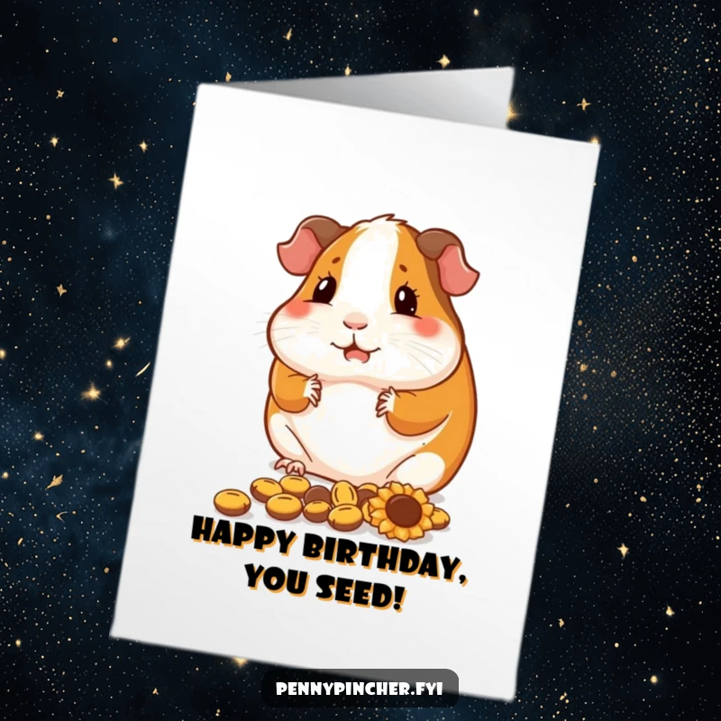 Funny free printable guinea pig birthday card, contented guinea pig arranging sunflower seeds, cozy birthday.