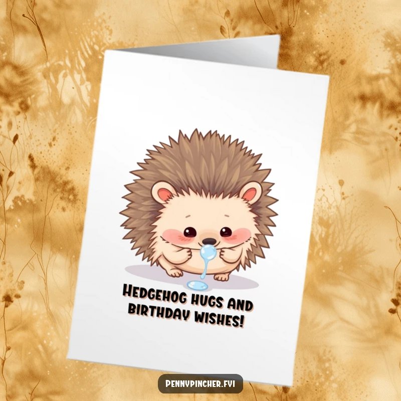 Funny Free Printable birthday card featuring a curious hedgehog carefully examining a single sparkling dewdrop with intrigue.