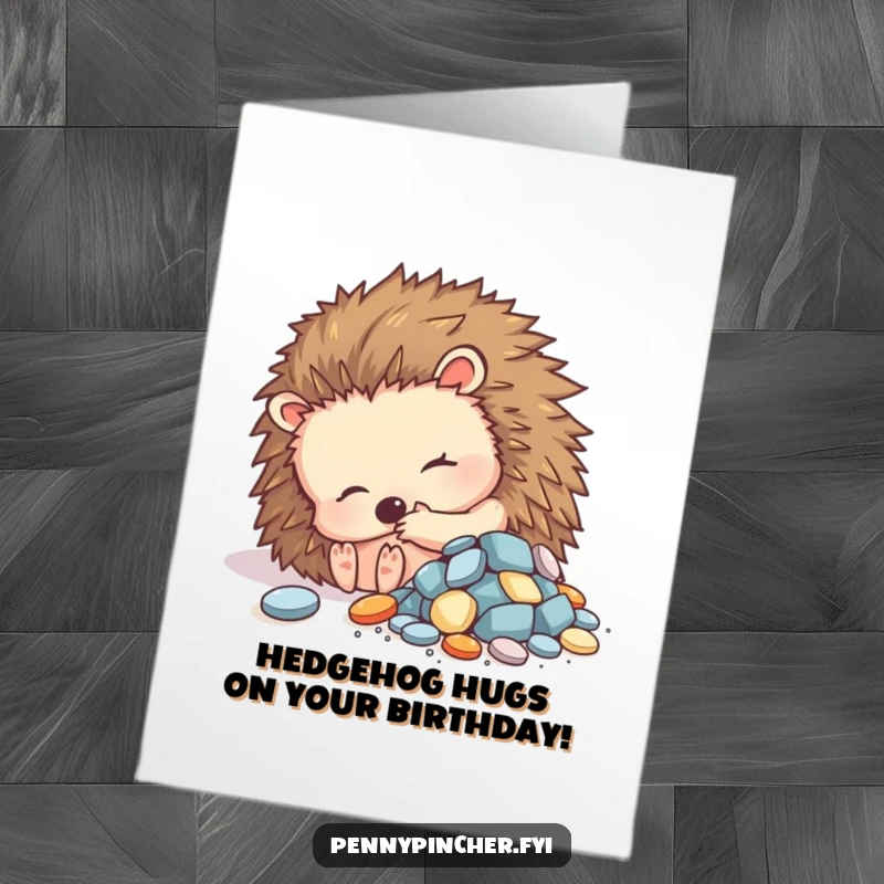 Funny Free Printable Birthday Card: A content hedgehog peacefully curled up next to a small, glittering pile of shiny objects.
