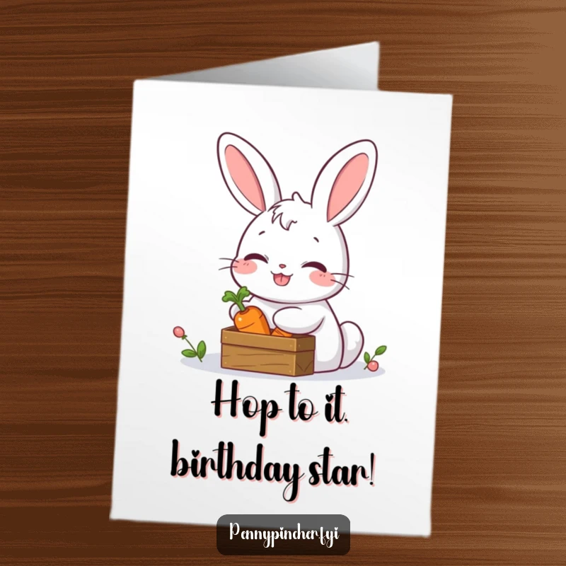 Funny Free Printable Rabbit Birthday Card: Giggling rabbit hiding a carrot in a tiny treasure chest, a delightful surprise for birthdays.