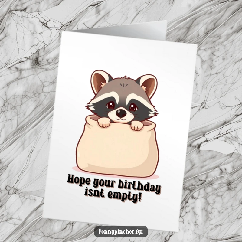 Funny Free Printable Raccoon Birthday Card: Cautious raccoon peeking into a large, empty money bag on a birthday.