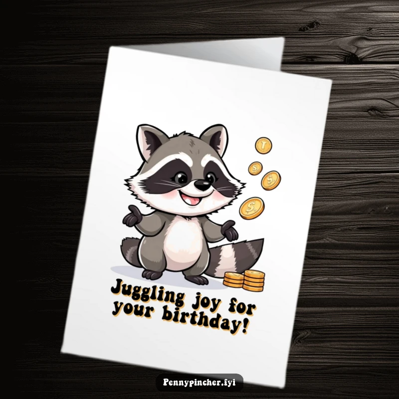 Funny Free Printable Birthday Card showing a clever raccoon character happily juggling several shiny pennies with a mischievous grin, a showman.