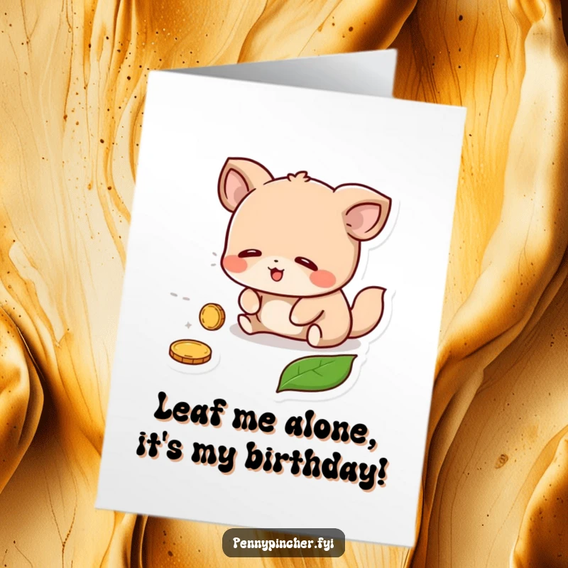 Funny Free Printable Birthday Card: A relieved cartoon animal happily discovers a shiny coin hidden beneath a fallen leaf.