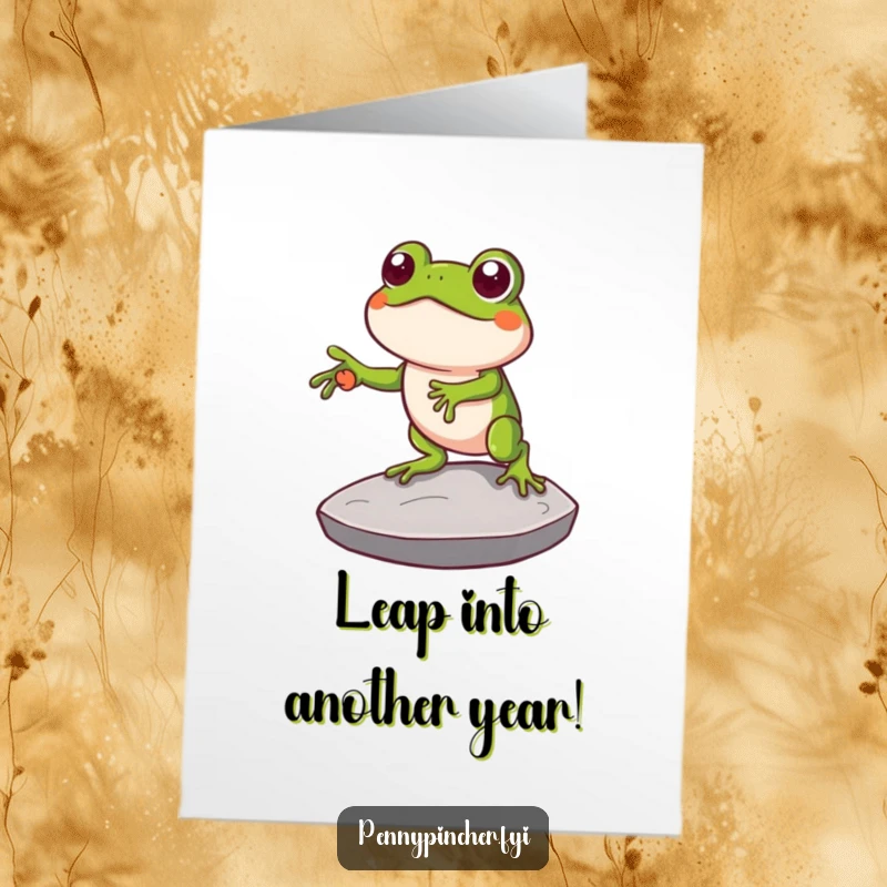 Funny Free Printable Birthday Card: Clever frog using a large coin as a stepping stone, a humorous downloadable greeting