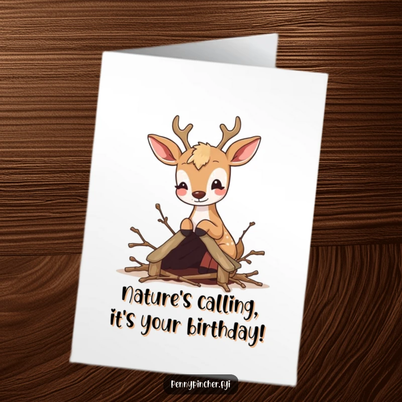 Funny Free Printable Birthday Card: Bouncy deer with concentrated effort constructing a miniature twig shelter, ready to wish someone happy birthday.