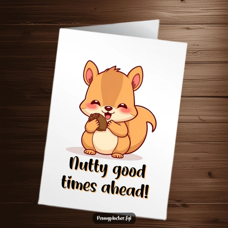 Funny Free Printable Squirrel Birthday Card: Adorable squirrel stuffed cheeks with acorns, looking delighted, perfect for a DIY gift.