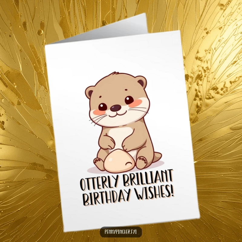 Funny free printable otter birthday card, a cheerful otter playing with a smooth pebble, joyful celebration.