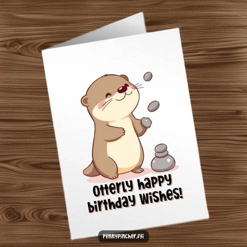Funny Free Printable Birthday Card: A Kawaii otter energetically juggles three small, round stones with a playful expression.