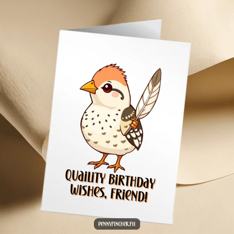 Funny free printable quail birthday card, a proud quail showing off a perfect feather, elegant celebration.