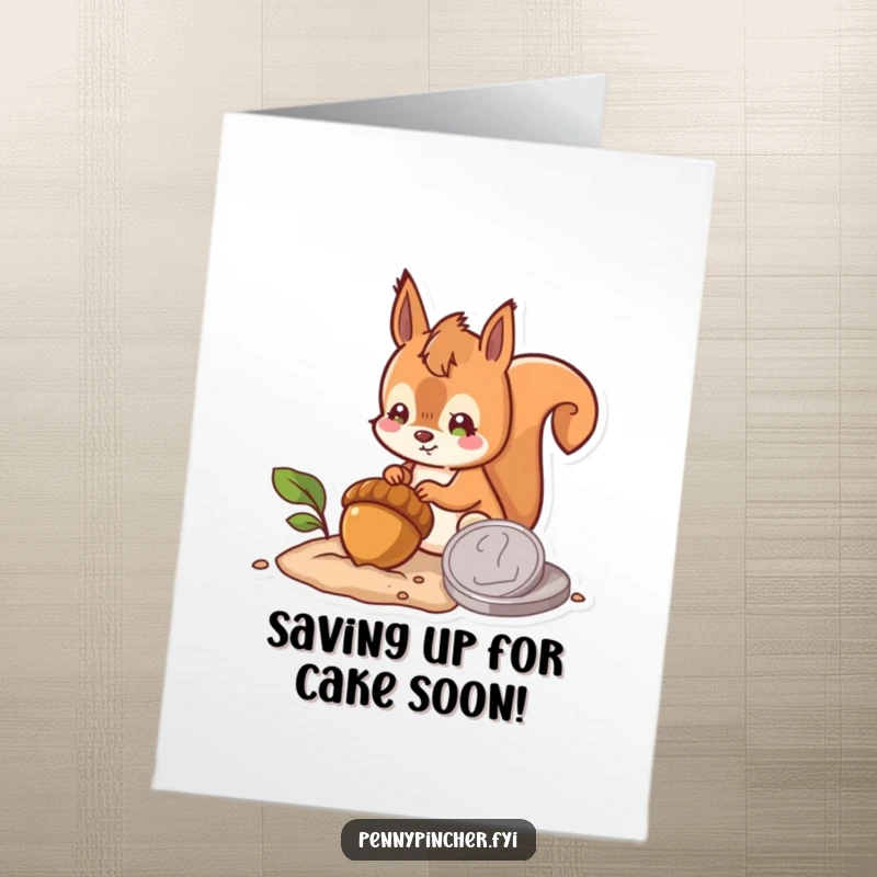 Funny Free Printable Birthday Card: Hopeful squirrel burying an acorn next to a large coin, a humorous downloadable greeting