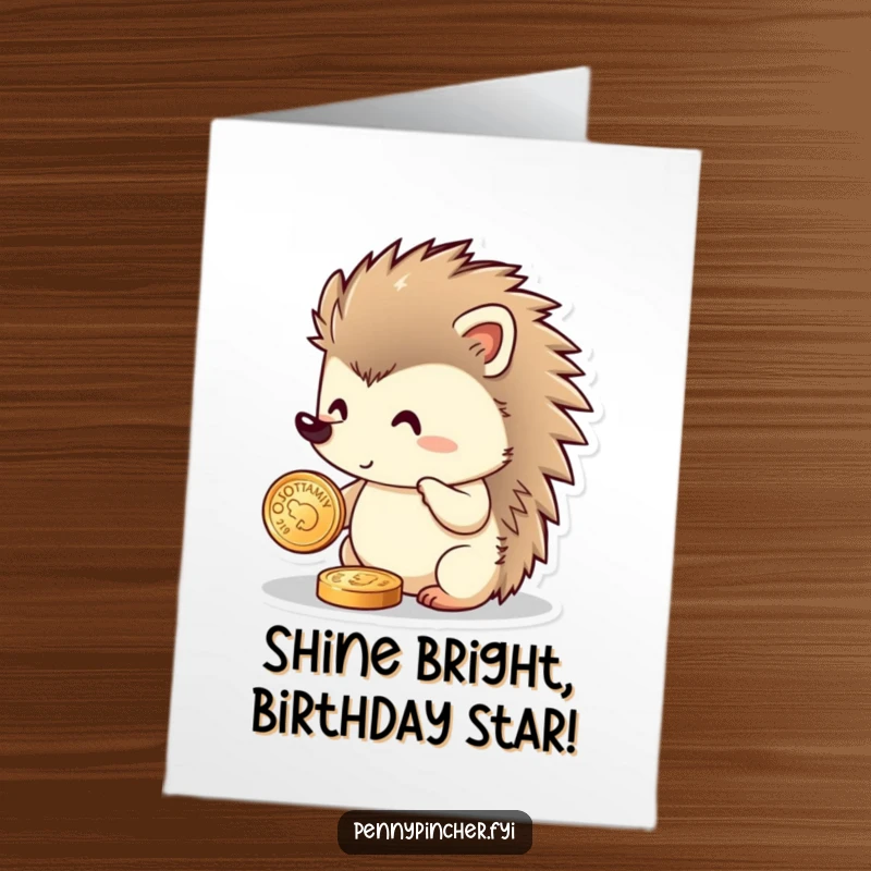 Funny Free Printable Birthday Card: Hedgehog gleefully polishes a shiny coin, ready for a wealthy birthday celebration.