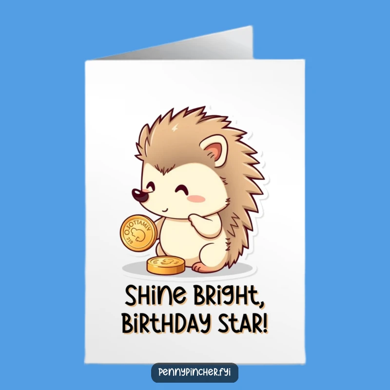 Free Printable Birthday Card: Funny Hedgehog Polishing Coin for a Rich Celebration