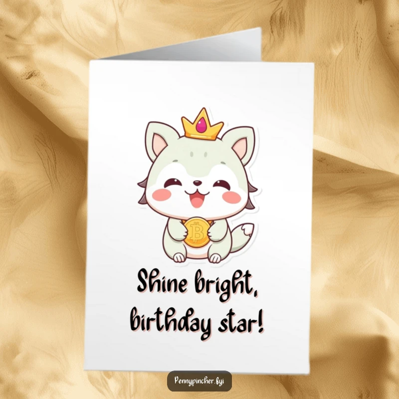 Free Printable Birthday Card featuring a beaming animal character proudly wearing a shiny coin as a dazzling necklace, symbolizing wealth.