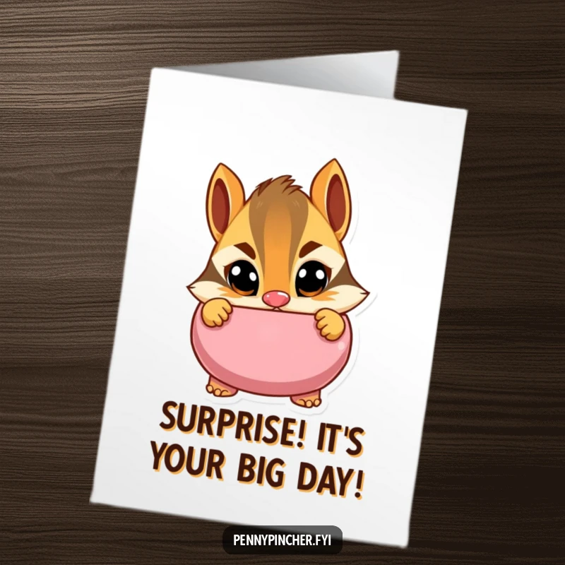 Funny Free Printable Birthday Card: Cautious chipmunk peeking into a piggy bank with wide eyes, a humorous downloadable greeting