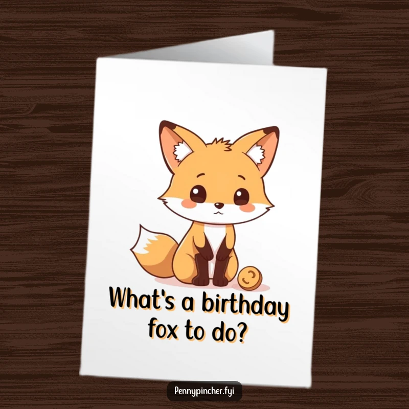 Funny Free Printable Birthday Card: A clever fox character looking quizzically at a single dropped coin.