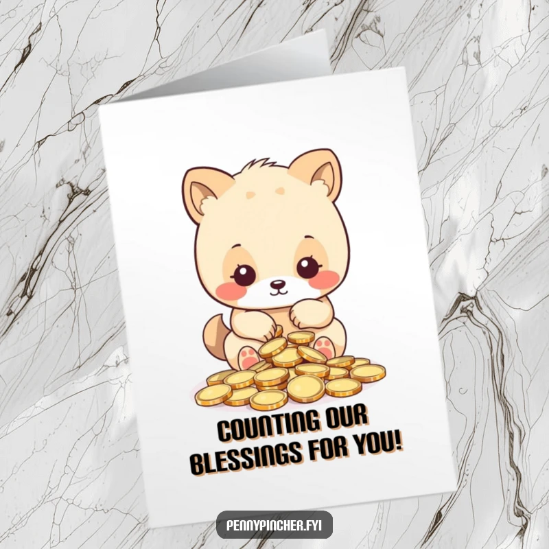 Funny Free Printable Congratulations Card: Animal character carefully counting a pile of shiny coins, celebrating a successful milestone with precision.