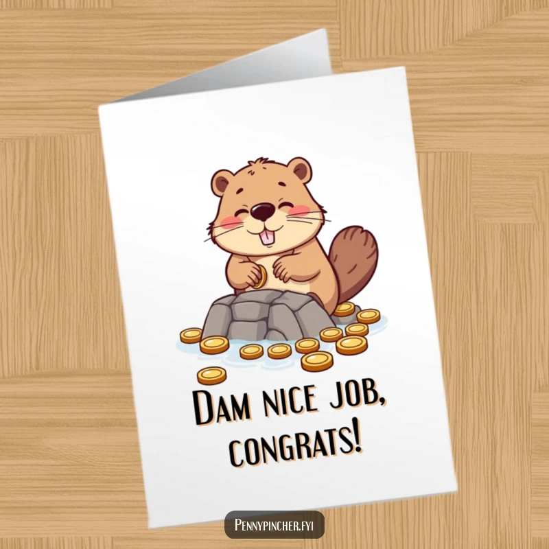 Funny Free Printable Beaver Congratulations Card: Hopeful beaver building a dam out of coins, signifying a great accomplishment.