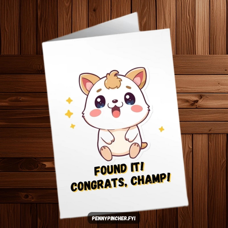 Funny Free Printable Congratulations Card: An astonished animal character discovering loose change, perfect for celebrating.