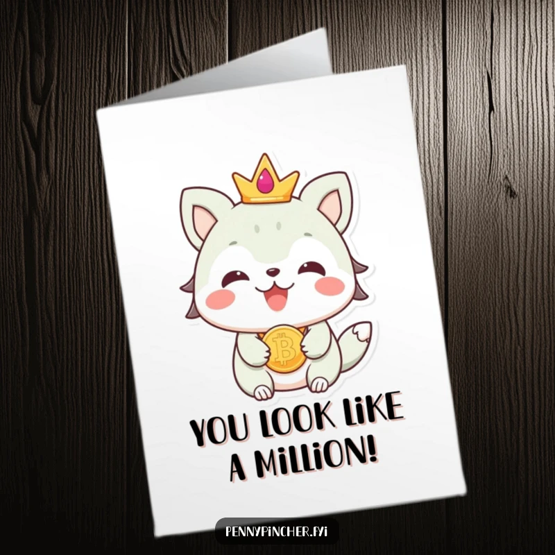 Free Printable Congratulations Card shows a beaming animal character sporting a coin as chic jewelry, celebrating a prosperous achievement.