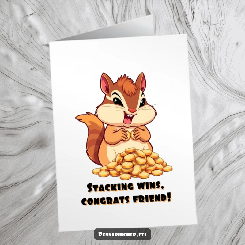 Funny Free Printable Congratulations Card: A determined chipmunk hoarding a large pile of coins, celebrating triumphant success with glee.