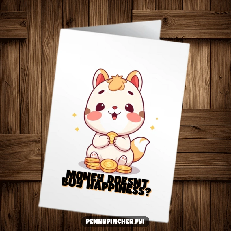 Funny free printable congratulations card: a delighted animal character excitedly counts a heap of money, celebrating fortune.