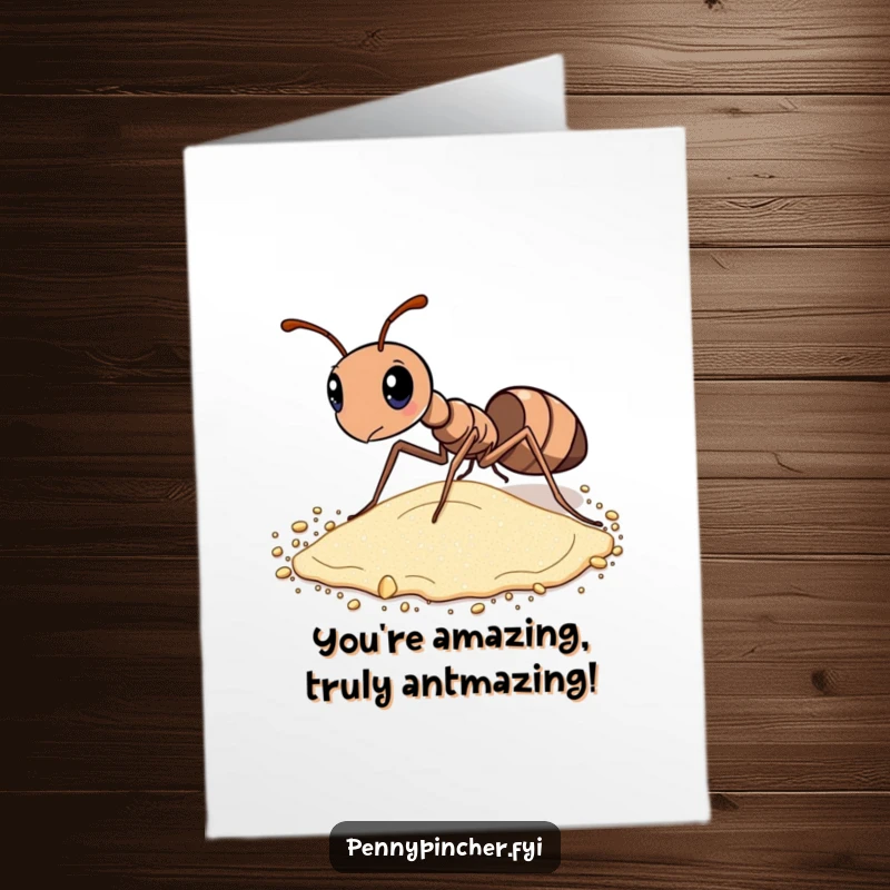 Funny Free Printable congratulations card showing a diligent ant meticulously sorting sand grains by size with impressive focus.