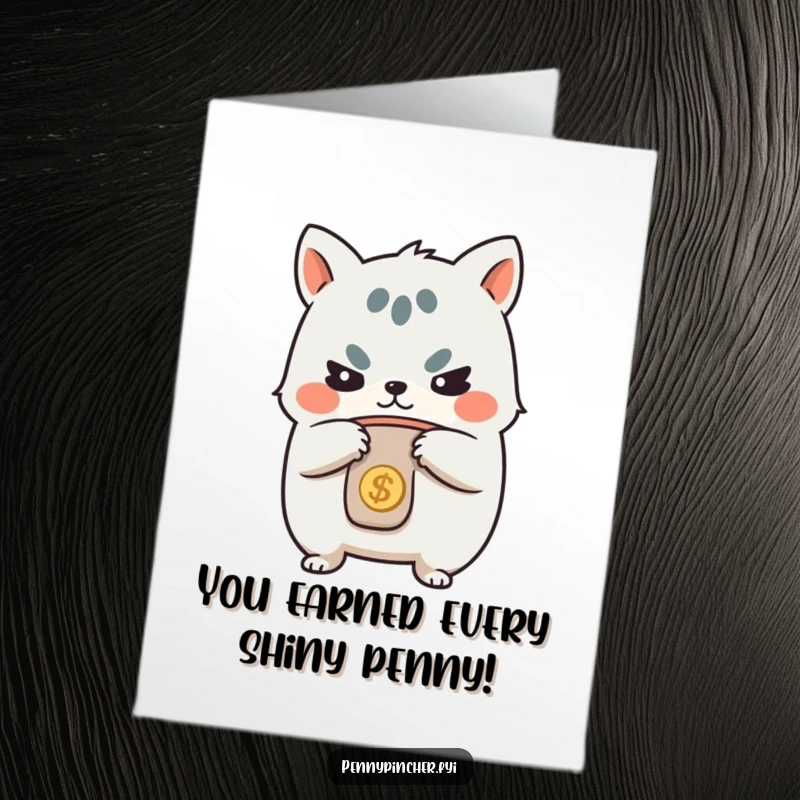Funny Free Printable Congratulations Card: Animal character victoriously tightening coin purse, celebrating a successful achievement with a determined grin.