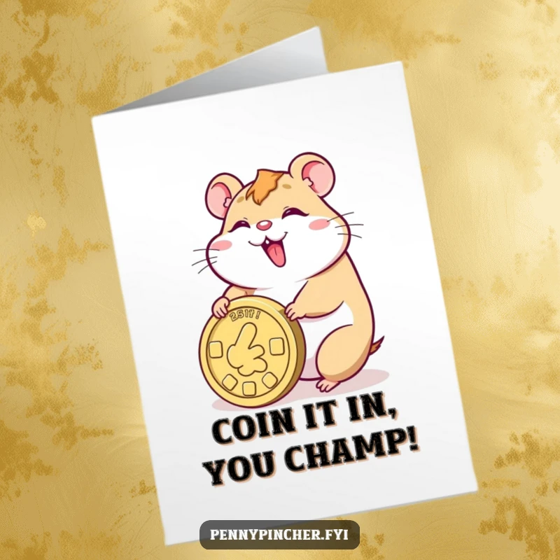 Funny Free Printable Congrats Card: A delighted hamster pushing a massive coin, symbolizing a huge success and good fortune.
