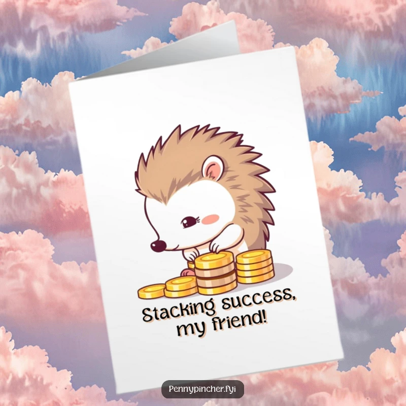 Funny Free Printable Congratulations Card: a thrifty hedgehog meticulously arranges shiny coins, marking a big achievement.