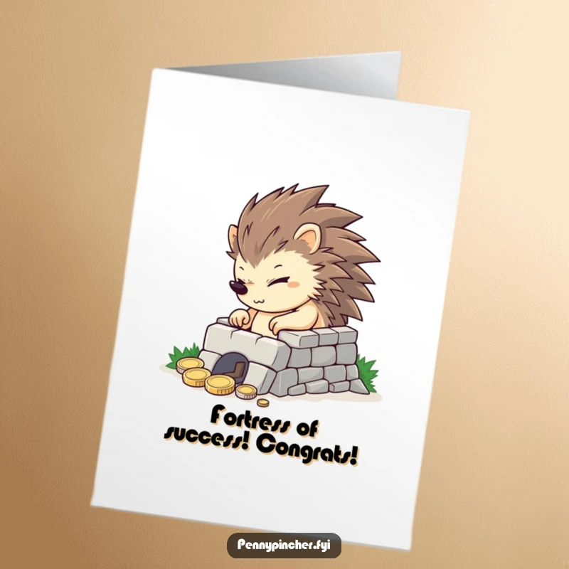 Funny free printable congratulations card: A focused hedgehog stands guard over a small fortress constructed from coins, celebrating a financial win.