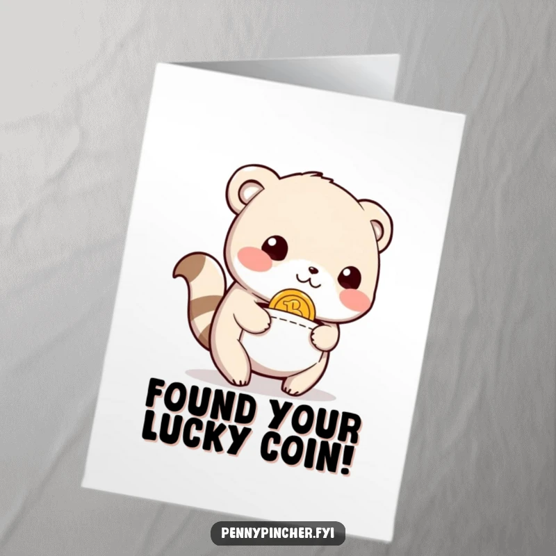 Funny Free Printable Congratulations Card: Relieved animal character joyfully finds a coin in its pocket, celebrating a lucky win.