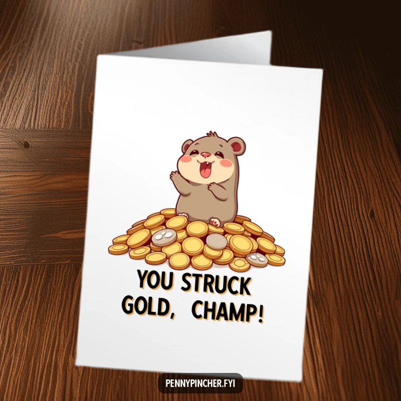 Funny Free Printable Congratulations Card: a joyful mole popping from coins, celebrating success with a beaming smile.