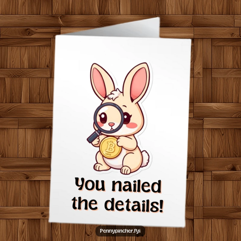 Funny Free Printable Congrats Card: Rabbit closely inspects a coin with a magnifying glass, highlighting their significant win.