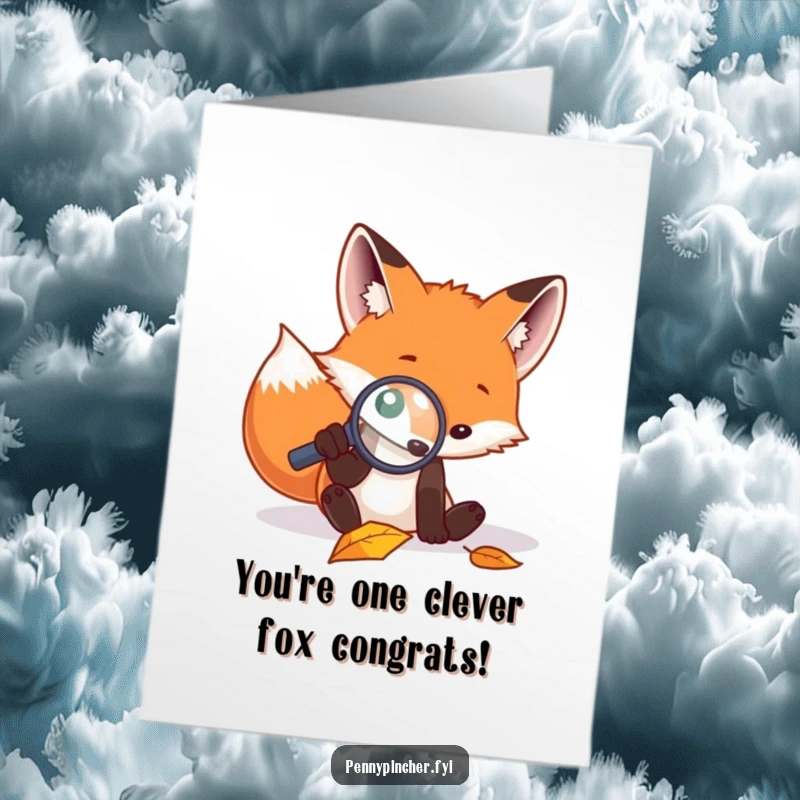 Funny Free Printable congratulations card showing a focused fox using a magnifying glass to examine a leaf with great interest.