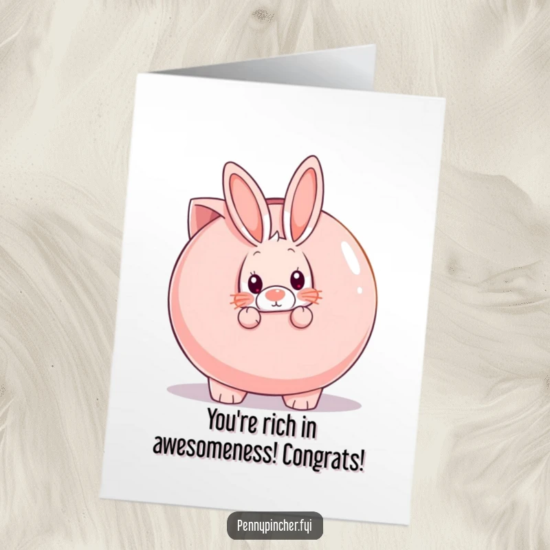 Funny free printable congratulations card: A timid rabbit peeks around a giant piggy bank, symbolizing savings and success.