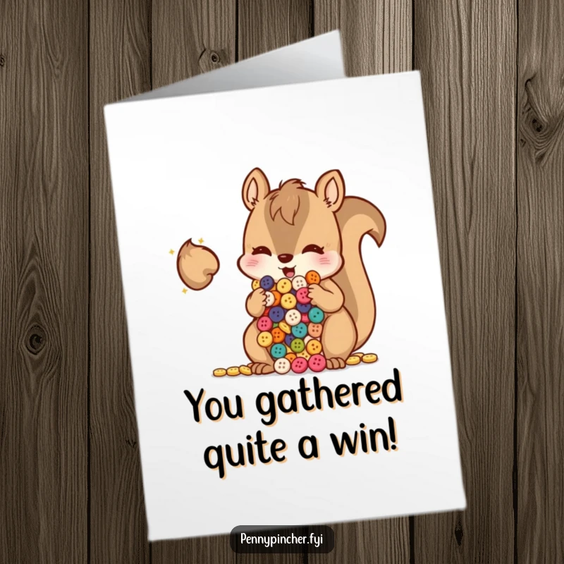 Funny Free Printable Congratulations Card: A mischievous squirrel is hoarding a large pile of shiny buttons in its cheeks.