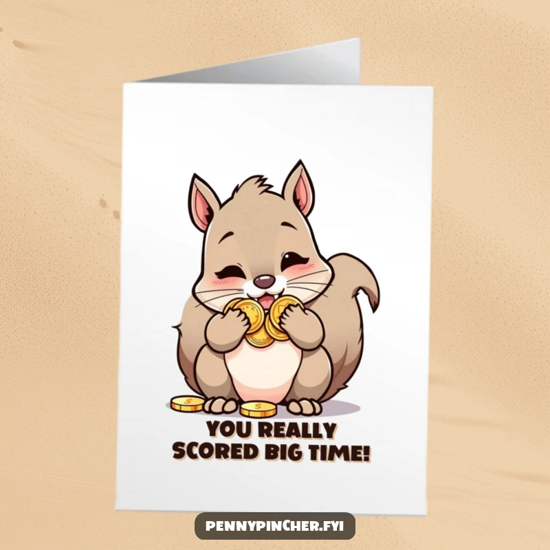 Funny Free Printable Congratulations card featuring a squirrel stuffing its cheeks with many shiny oversized coins, a symbol of wealth.