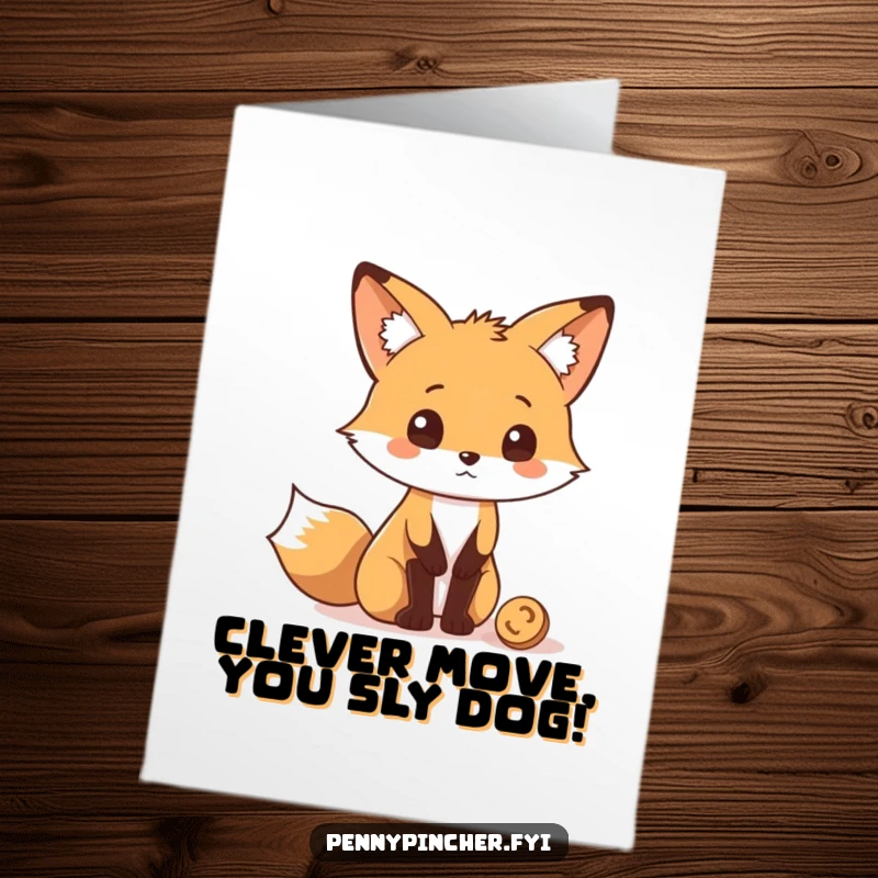 Funny Free Printable Congratulations Card: A curious fox character examining a single dropped coin with intrigue.