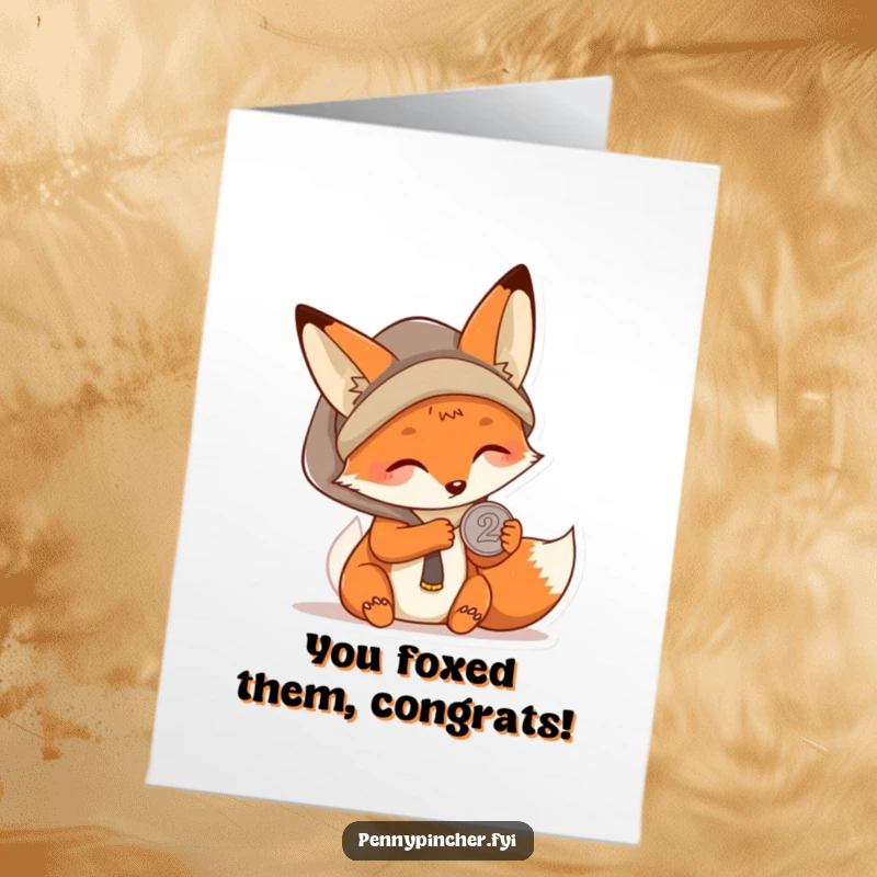 Funny Free Printable Congrats Card: Kawaii fox holding a single coin, looking proud and resourceful after a smart achievement.