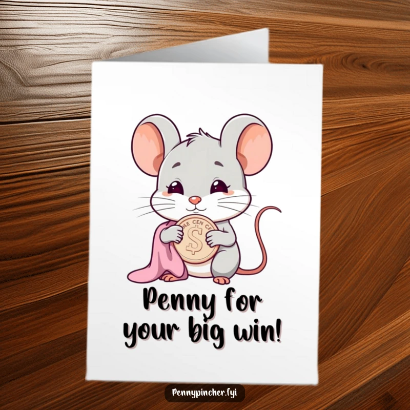 Funny Free Printable Congratulations Card: A smug mouse proudly polishing a single cent, celebrating a clever victory with a satisfied grin.
