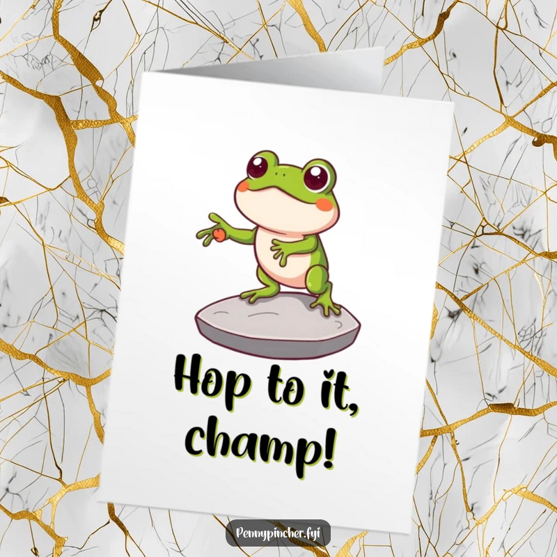 Funny Free Printable Congratulations Card: Clever frog using a large coin as a stepping stone, a humorous downloadable message