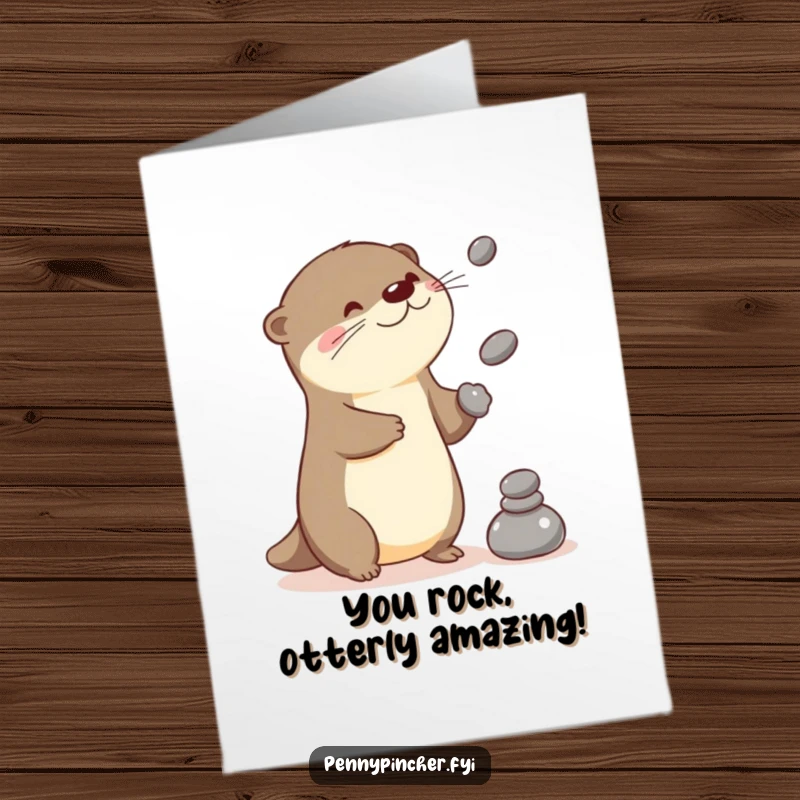 Funny Free Printable Congrats Card: A Kawaii otter skillfully juggles stones, celebrating a successful accomplishment with flair.