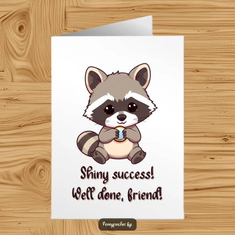 Funny free printable raccoon congratulations card, raccoon finds a shiny button, celebrating success with humor.