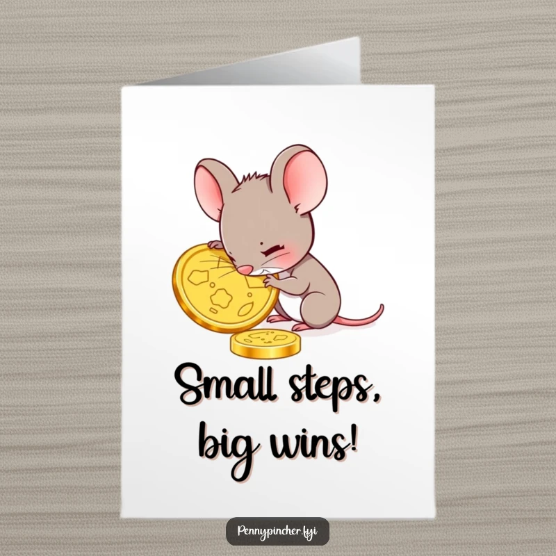 Funny Free Printable Mouse Congratulations Card: Mouse character carefully scrutinizing a large gold coin, assessing its value.