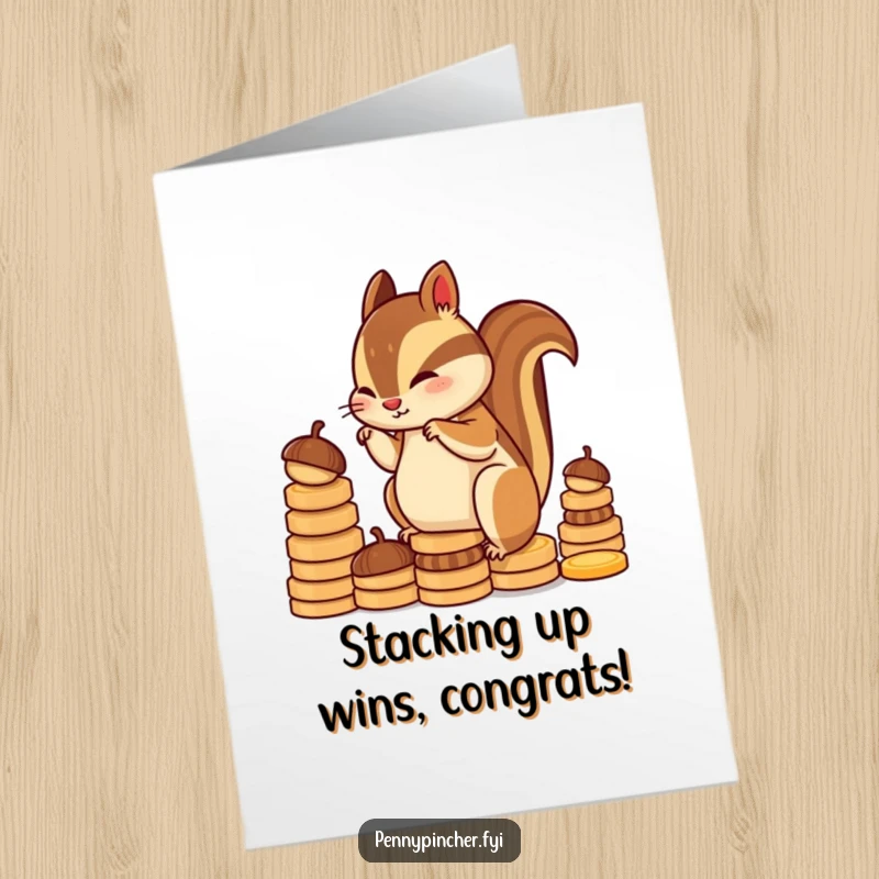 Funny Free Printable Congratulations Card: Diligent chipmunk character stacking acorns, celebrating a financial win.