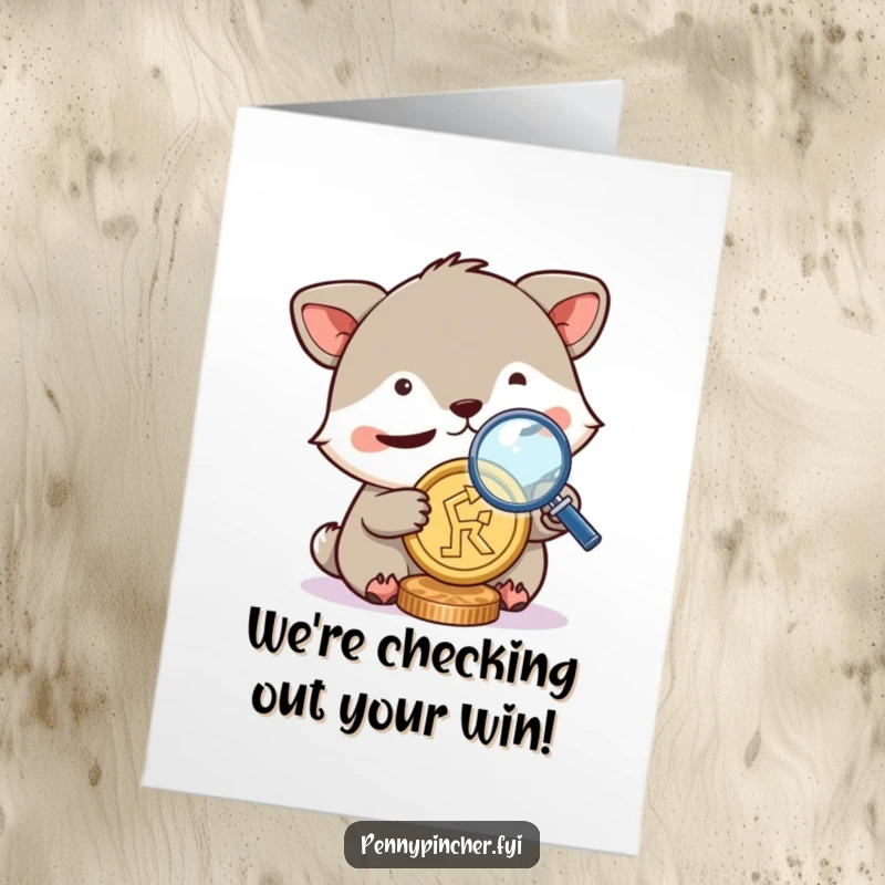 Funny Free Printable Congratulations Card: Animal character squinting through a magnifying glass at a coin, meticulously verifying a successful outcome.