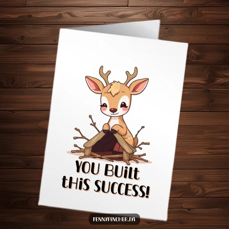 Funny Free Printable Congrats Card: Energetic deer focused on building a small twig shelter, perfect for congratulating someone.