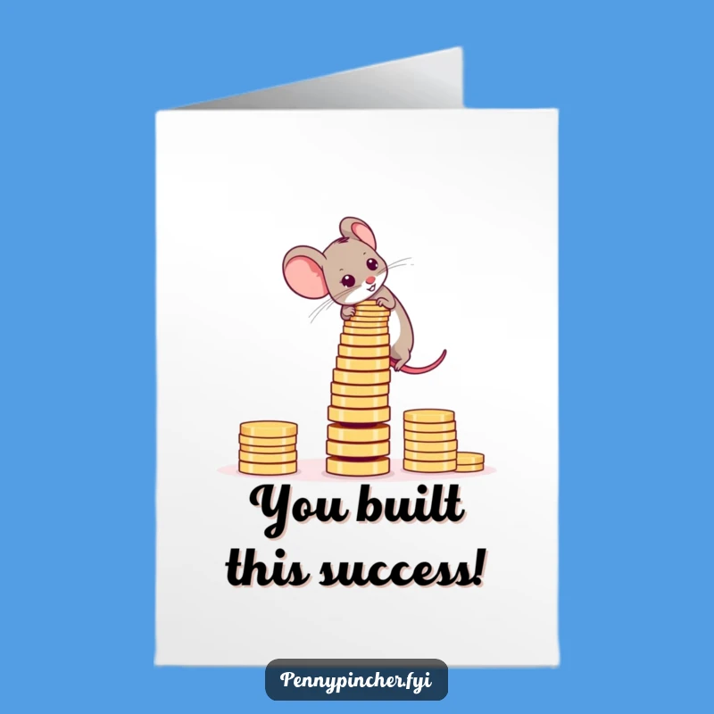 Free Printable Congratulations Card: Mouse Coin Tower, Stacking Success Downloadable Gift