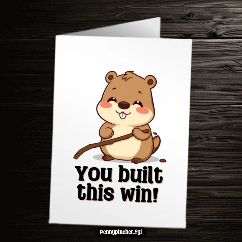 Funny Free Printable Beaver Congratulations Card: Smiling beaver carefully measuring a small twig, celebrating success with precision, downloadable.